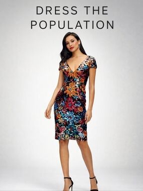 Dress The Population Allison Sequin Cocktail Midi Dress NWT XS Spring Wedding